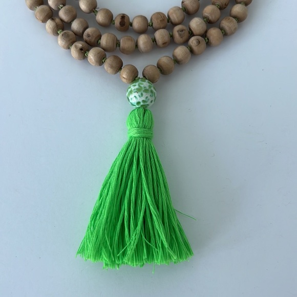 Boho Mala Necklace with Neon Green Tassel & Wood Tulsi Beads - Picture 3 of 6